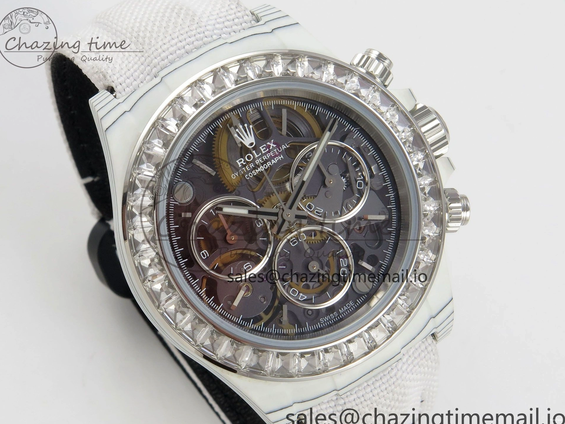 MiroTime 0301 Daytona Cosmograph White Carbon MPF Best Blaken Skeleton Dial on White Nylon Strap A FreshLook 314